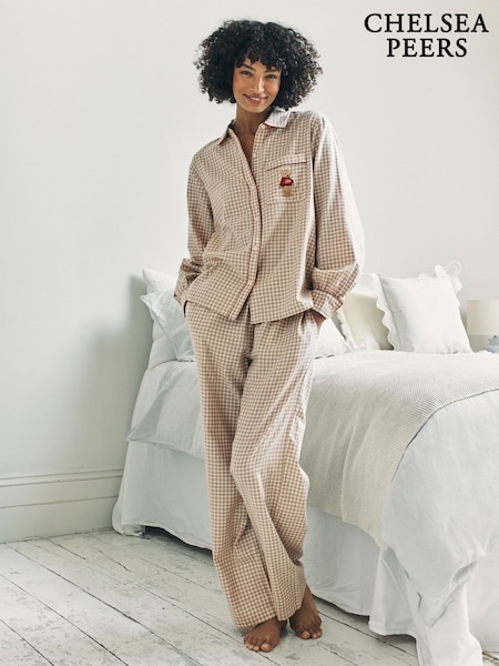 Chelsea Peers Cotton Embroidered Skiing Chip the Cockapoo Gingham Long Pyjamas Set (W04377) | 85 €