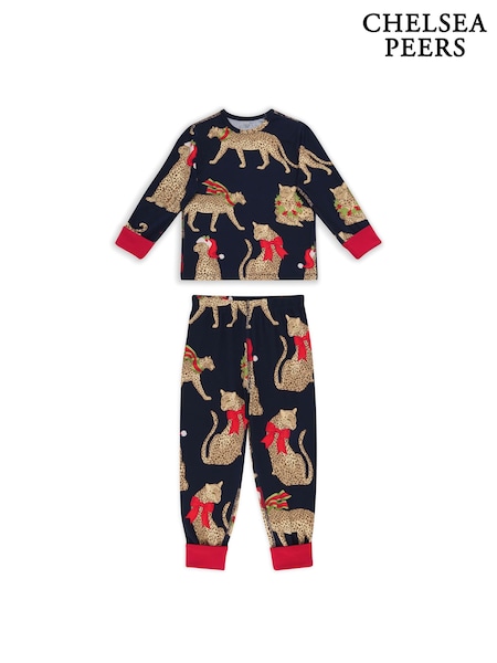 Chelsea Peers Blue Christmas Leopard Print Long Pyjamas Set (W04389) | €28