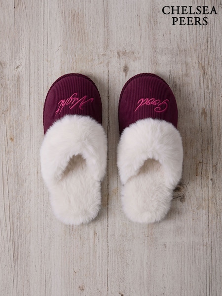 Chelsea Peers Pink Corduroy Embroidered Good Night Mule Slippers (W04426) | €44