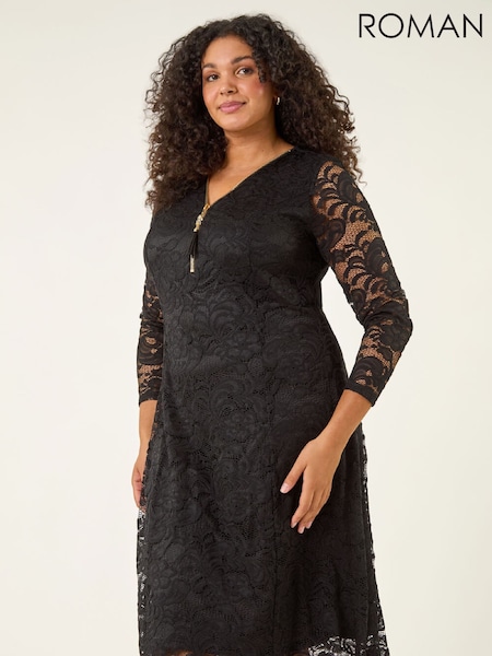 Roman Curve Zip Front Lace Midi Dress (W04428) | 97 €