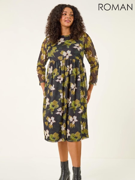 Roman Green Curve Floral Print Mesh Midi Dress (W04430) | €74