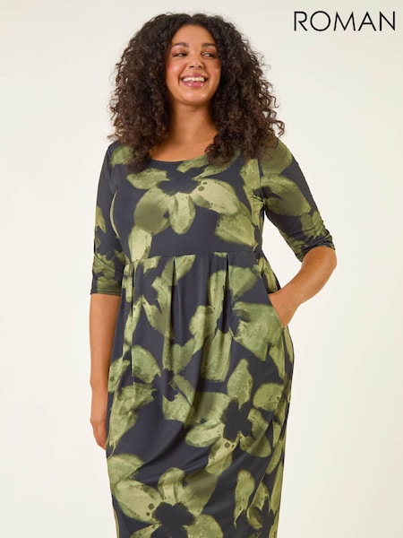Roman Green Curve Floral Print Pocket Stretch Dress (W04436) | €60