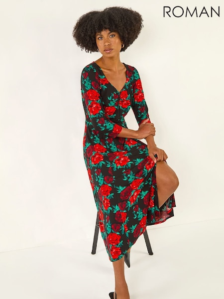 Roman Red Rose Ruched Midi Dress (W04858) | €66