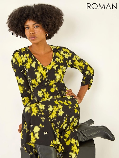Roman Yellow Floral Print Buttoned Midi Dress (W04886) | €66