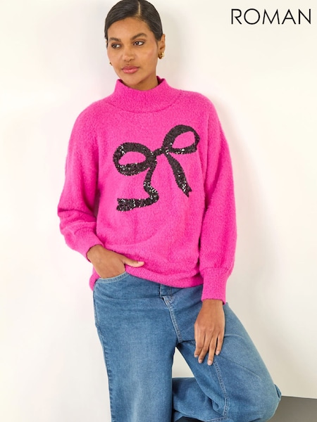 Roman Pink Festive Sequin Bow Knit Christmas Jumper (W04893) | €60