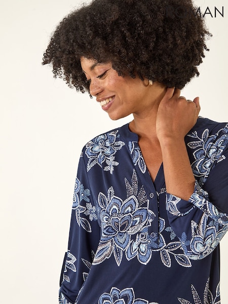 Roman Blue Floral Puff Print Stretch Shirt (W04899) | €53