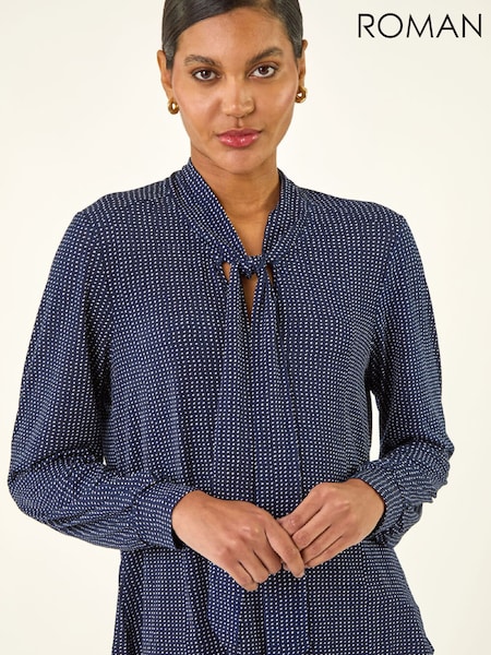 Roman Blue Polka Dot Tie Neck Tunic Top (W04917) | 223 QAR