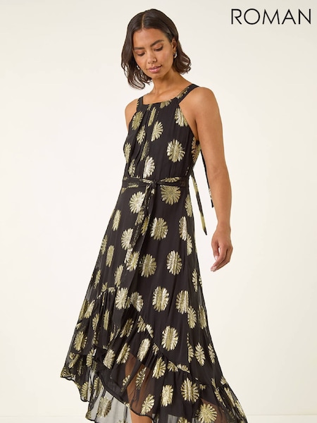Roman Black Floral Shimmer Halter Neck Dress (W04921) | 433 QAR
