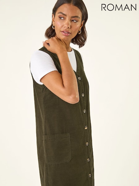 Roman Green Cotton V-Neck Button Pocket Dress (W04923) | €85