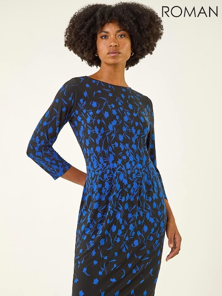 Roman Blue Floral Pleat Pocket Front Stretch Dress (W04925) | €92