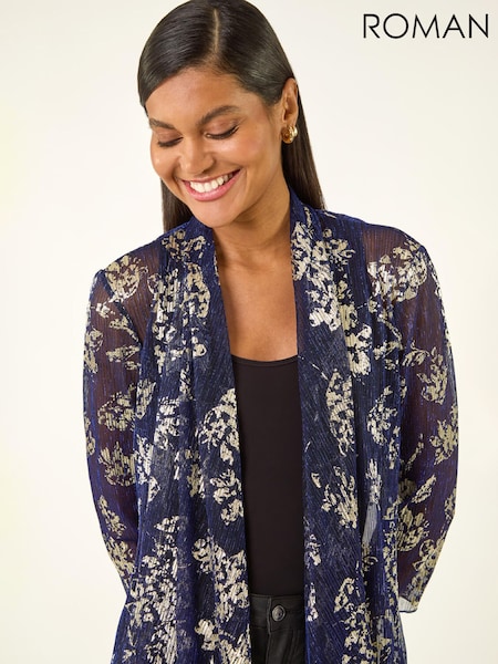 Roman Metallic Floral Plisse Jersey Cardigan (W04929) | €59