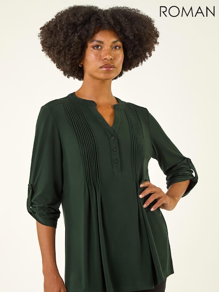 Roman Green Pintuck Button Stretch Blouse (W04936) | €45