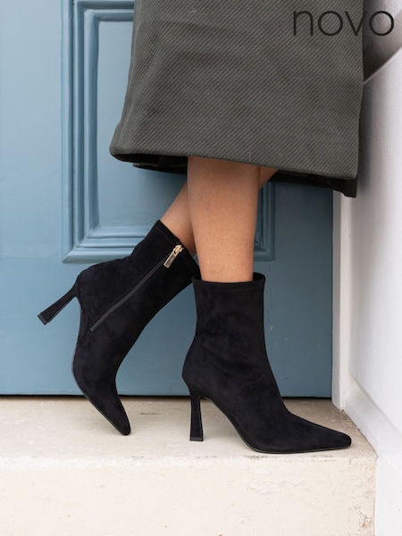 Novo Black Wide Fit Kiss Point Toe Stiletto Stretch Ankle Boots (W05002) | €62