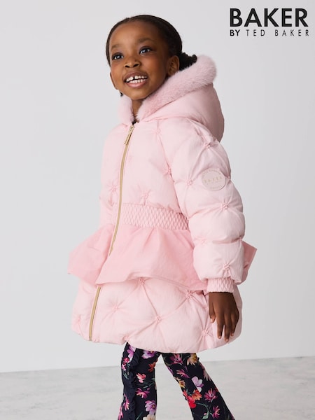 Pink - Baker By Ted Baker Shower Resistant Embroidered Peplum Padded Coat