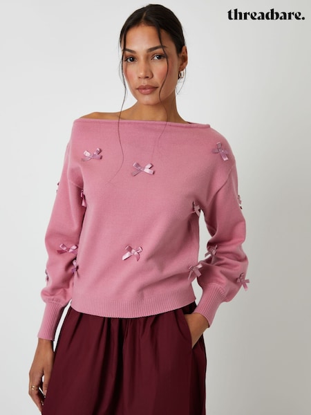 Threadbare Pink Bow Embellished Slash Neck Jumper (W05534) | R$ 325