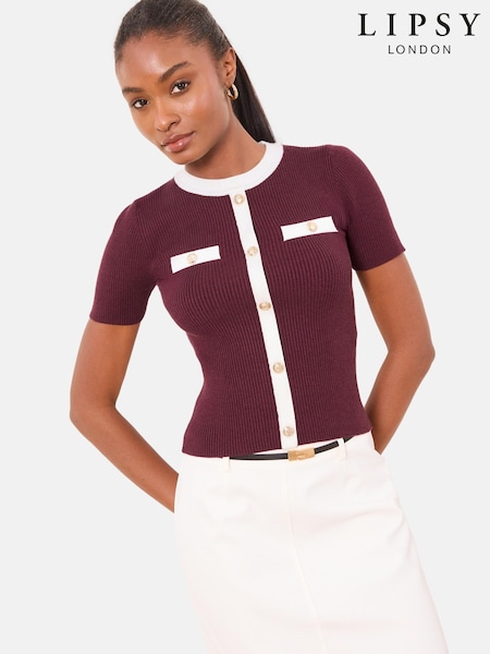 Lipsy Burgundy Red Tipped Mock Button Short Sleeve Knitted Top (W05573) | AED178