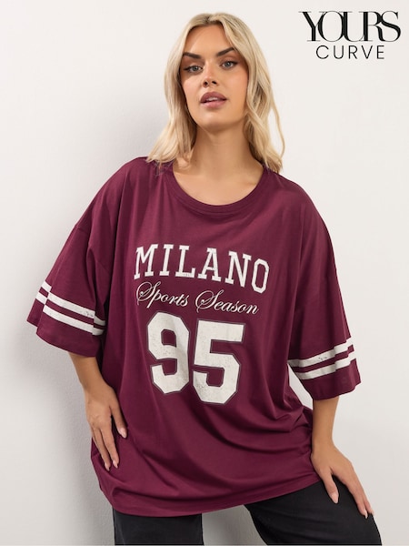 Yours Curve Red Varsity 95 Placement Boxy T-Shirt (W05742) | €25