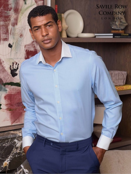 Savile Row Company Slim Fit Blue Textured Cotton Puppytooth Winchester Double Cuff Formal Shirt (W05908) | ‏272 ر.ق.