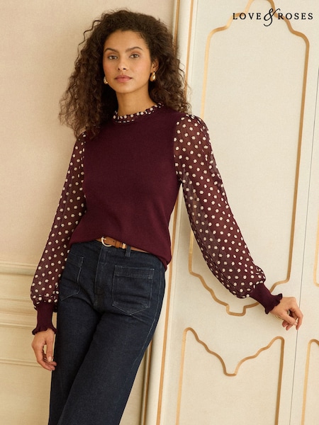 בורדו - Love & Roses Chiffon Sleeve Knitted Top (W05935) | ‏171‏₪