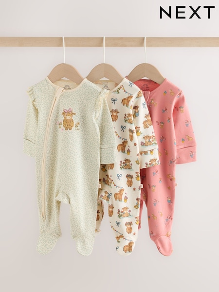 Pink/Green Hamish - Two Way Zip Baby Sleepsuits 3 Pack (0-3yrs)