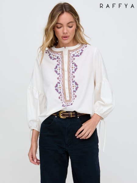 Natural - Raffya Anai Half Placket Embroidered Blouse (W06415) | 134 €