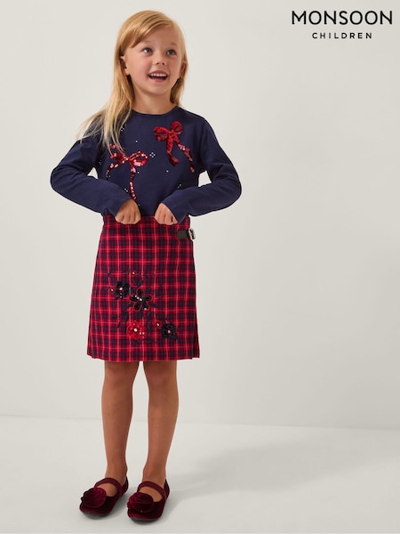 Monsoon Red Floral Embroidered Tartan Kilt Skirt (W06641) | €40 - €45
