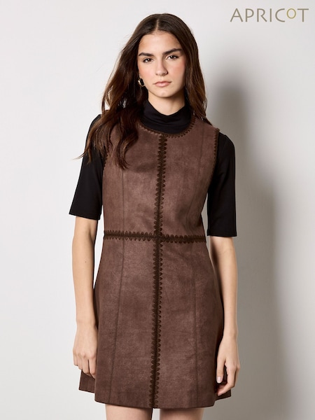 Apricot Brown Blanket Stitch Detail Suedette Dress (W06886) | €77