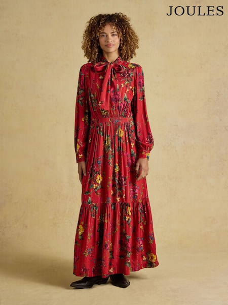 أحمر مشجر - Joules Everly Tie Neck Dress