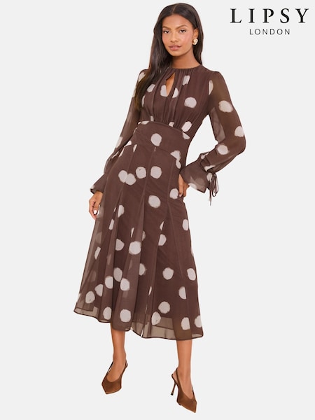 Lipsy Brown Long Sleeve Underbust Fit And Flare Midi Dress (W07446) | €110