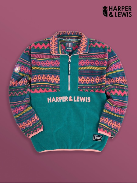 Harper & Lewis Green Bodie Retro Pattern 1/4 Zip Fleece (W07496) | €93