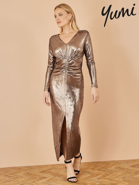Yumi Gold Metallic Stretch Ruched Maxi Dress With Long Sleeves And Split Hemline (W07504) | €120