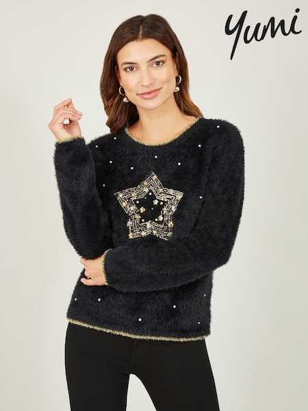 Yumi Black Fluffy Star Christmas Jumper (W07513) | €58