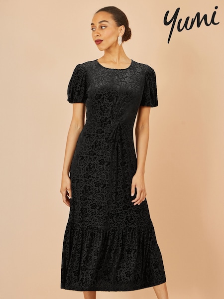 Yumi Black Chrome Velvet Spot Print Twist Knot Waist Midi Dress (W07515) | €99