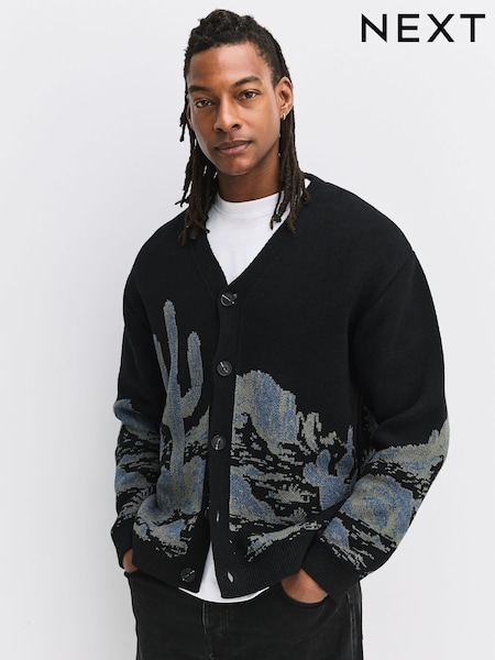 Bleumarin albastru - Relaxed Fit Knitted Cactus Scene Cardigan (W07749) | 270 LEI