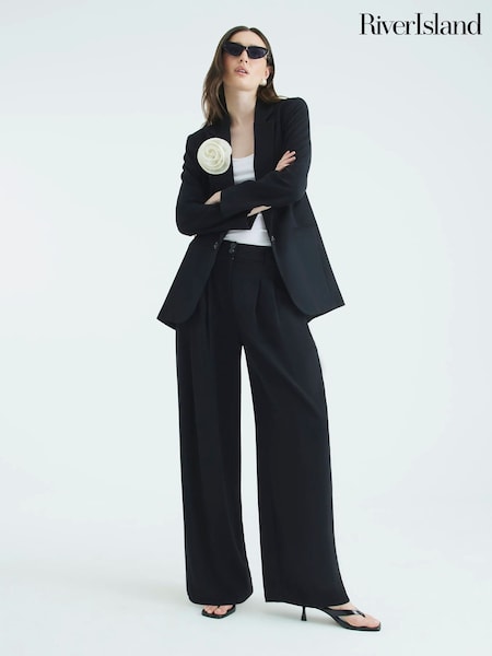 River Island Black Herringbone Wide Leg Trousers (W07985) | €58