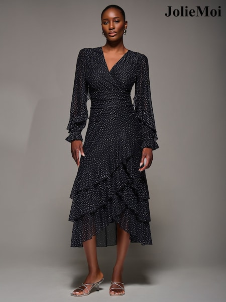 Jolie Moi Black Long Sleeve Frill Detail Mesh Maxi Dress (W08535) | €108