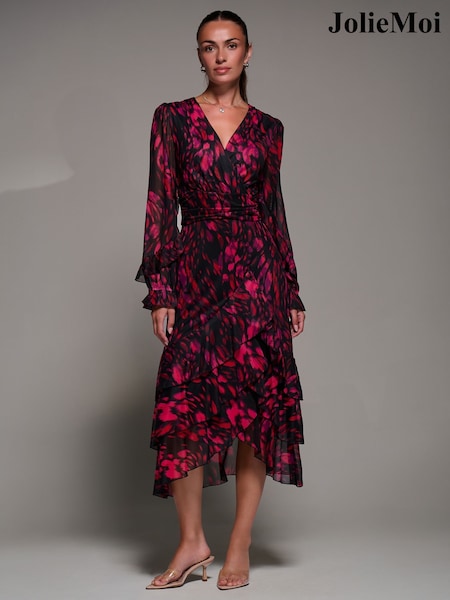 Jolie Moi Red Long Sleeve Frill Detail Mesh Maxi Dress (W08546) | €108