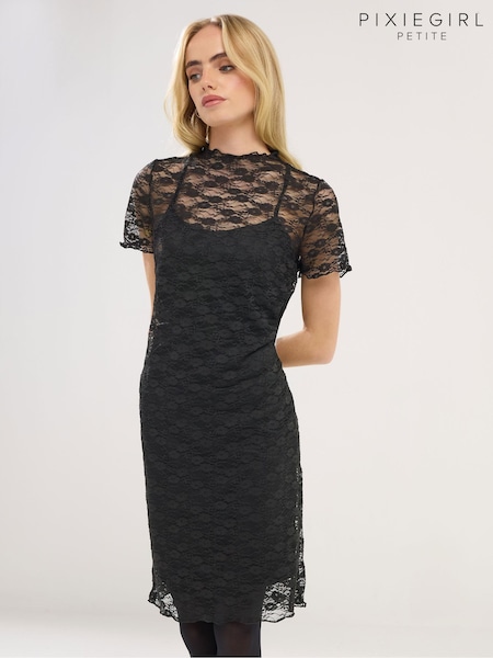 PixieGirl Petite Black Lace Short Sleeve Dress (W10056) | €47