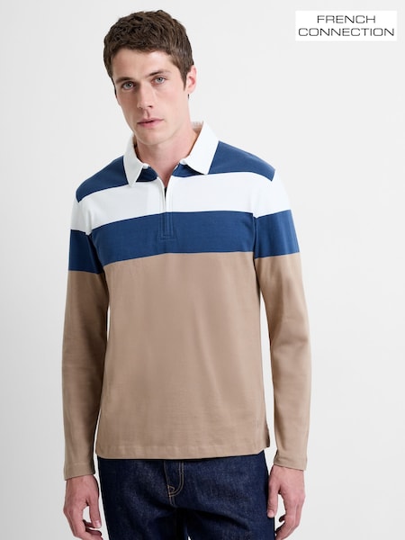 French Connection Natural Cotton Striped  Collared Long Sleeve Polo Shirt (W10296) | 338 QAR