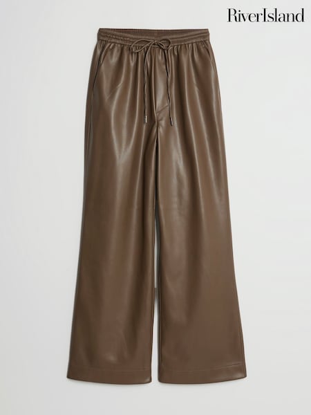 River Island Brown Petite Faux Leather Elasticated Waist Trousers (W10495) | €51