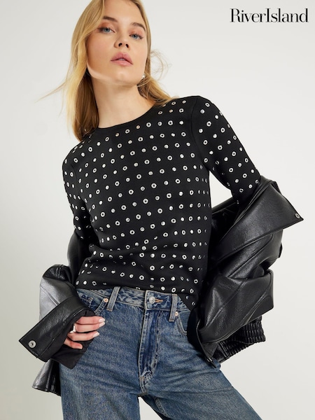 River Island Black Studded Bodyfit Knit Top (W10547) | €65