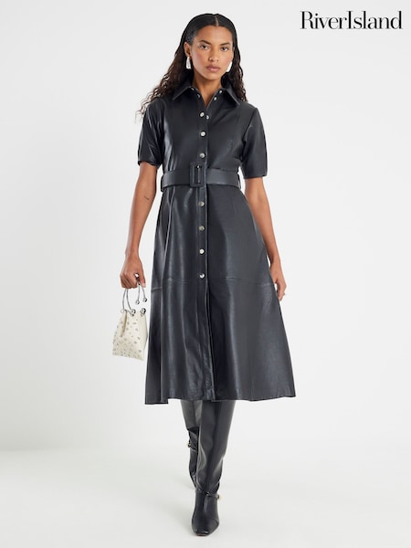 River Island Black Real Leather Belted Shirt Dress (W10559) | €460