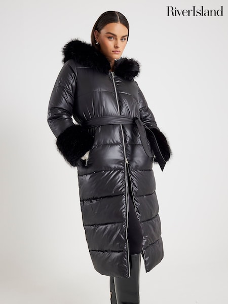 River Island Black Faux Fur Hood Ski Bunny Longline Jacket (W10595) | 514 QAR
