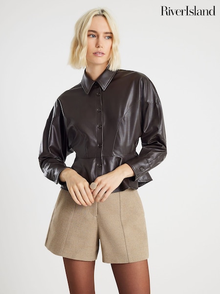 River Island Brown Faux Leather Batwing Peplum Shirt (W10596) | €50