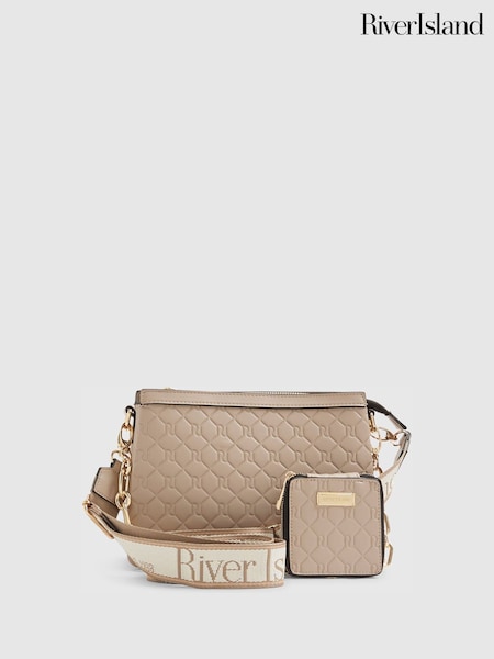 River Island Brown Embossed Monogram Webbing Chain Crossbody Bag (W10603) | AED227