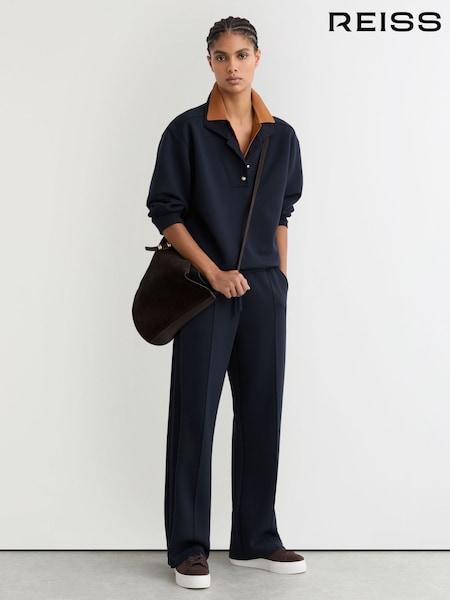 Reiss Navy Bella Premium Interlock Wide-Leg Joggers (W10842) | AED936