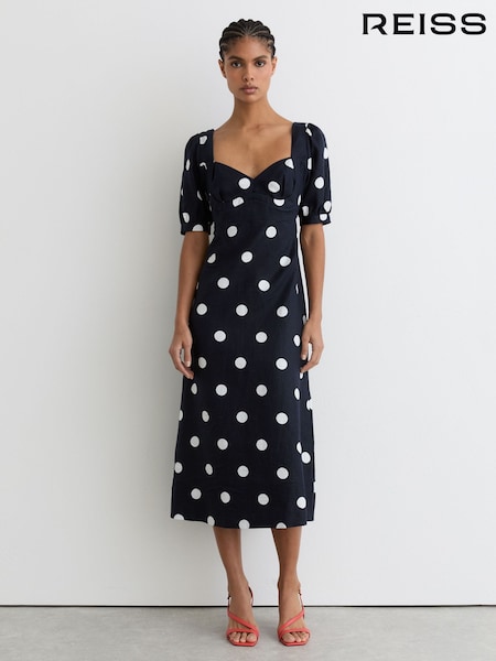 Reiss Navy/Ivory Astrid Linen Puff-Sleeve Polka-Dot Midi Dress (W10851) | ₪1,881
