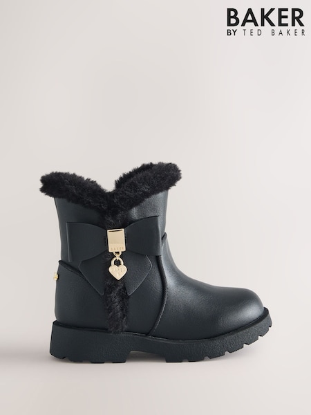 Black - Baker By Ted Baker Chunky Faux Fur Cuff Black Boots With Bow