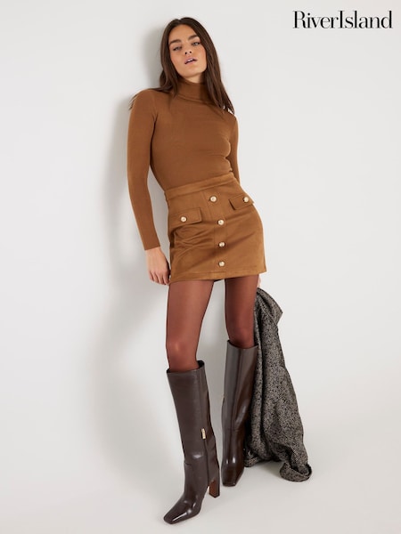 River Island Brown Hybrid Suede Knitted Mini Dress (W10904) | €92