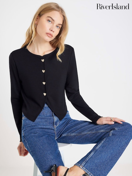 River Island Black Long Sleeve Heart Button Cropped Cardigan (W10906) | €53